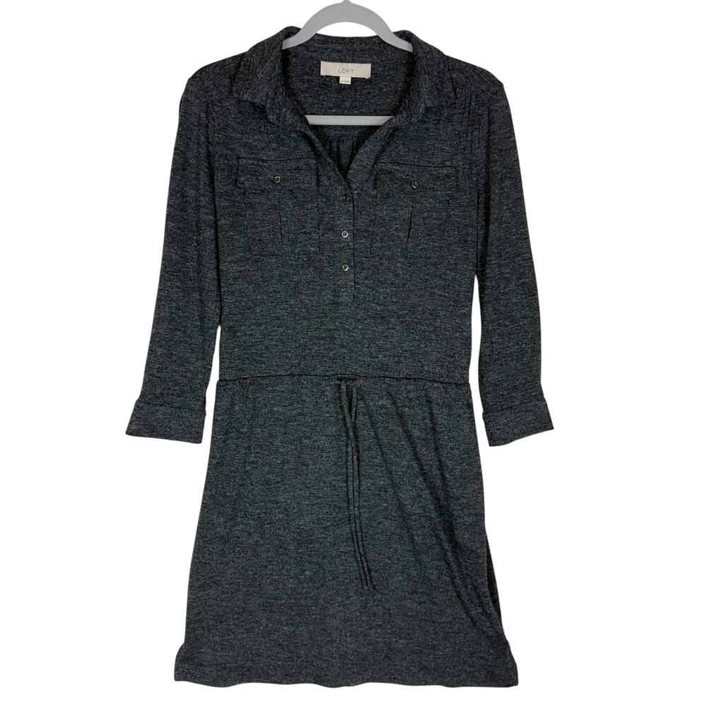 Ann Taylor Loft Sweater Dress Womens XS Gray Belted Waist Long Sleeve Collared‎